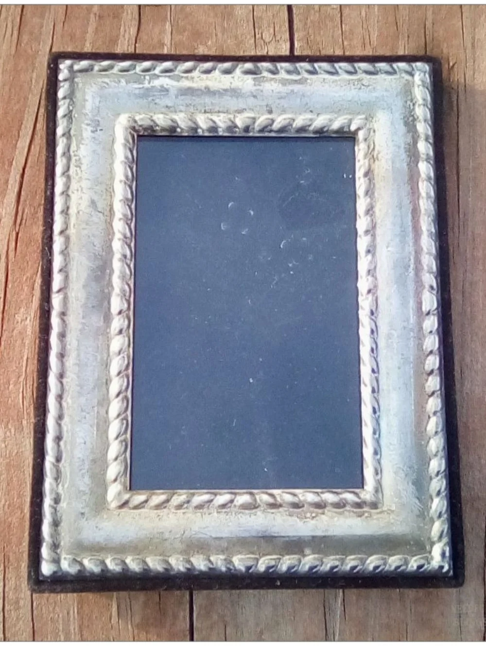 Vintage Silver Tone Metal Photo Frame Rope Border Tabletop Easel 3.75x3
